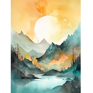 Artery8 Sun Rising Over Mountain Lakeside Landscape Modern Pastel Teal and Orange Watercolour Painting Extra Large XL Wall Art Poster Print Artery8 Sun Rising Over Mountain Lakeside Landscape Modern Pastel Teal and Orange Watercolour Painting Extra Large XL Wall Art Poster Print