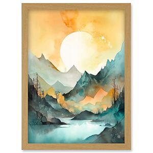 Artery8 Sun Rising Over Mountain Lakeside Landscape Modern Pastel Teal and Orange Watercolour Painting Artwork Framed Wall Art Print A4 Artery8 Sun Rising Over Mountain Lakeside Landscape Modern Pastel Teal and Orange Watercolour Painting Artwork Framed Wall Art Print A4