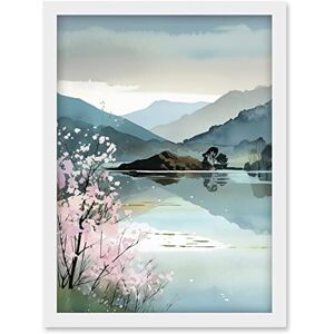 Artery8 Lakeside Landscape with Cherry Blossom Tree Modern Watercolour Painting Artwork Framed Wall Art Print A4 Artery8 Lakeside Landscape with Cherry Blossom Tree Modern Watercolour Painting Artwork Framed Wall Art Print A4