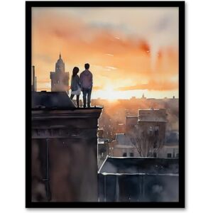 Artery8 Rooftop Romance Watercolour Painting Blue Orange Couple Watching City Sunset Bedroom Art Artwork Framed Wall Art Print 18X24 Inch Artery8 Rooftop Romance Watercolour Painting Blue Orange Couple Watching City Sunset Bedroom Art Artwork Framed Wall Art Print 18X24 Inch