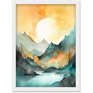 Artery8 Sun Rising Over Mountain Lakeside Landscape Modern Pastel Teal and Orange Watercolour Painting Artwork Framed Wall Art Print A4 Artery8 Sun Rising Over Mountain Lakeside Landscape Modern Pastel Teal and Orange Watercolour Painting Artwork Framed Wall Art Print A4