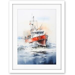 Artery8 Trawler Fishing Boat Watercolour Painting Red Blue Rough Sea Fishermen Waves Seascape Artwork Framed Wall Art Print 18X24 Inch Artery8 Trawler Fishing Boat Watercolour Painting Red Blue Rough Sea Fishermen Waves Seascape Artwork Framed Wall Art Print 18X24 Inch