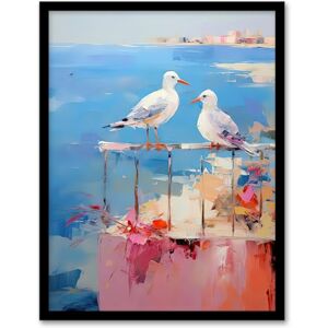 Artery8 Birds By the Beach Abstract Oil Painting Blue Pink Orange Bathroom Artwork Seagulls on Railing Artwork Framed Wall Art Print A4 Artery8 Birds By the Beach Abstract Oil Painting Blue Pink Orange Bathroom Artwork Seagulls on Railing Artwork Framed Wall Art Print A4