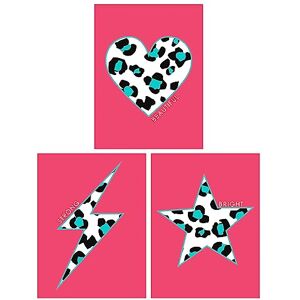 Wee Blue Coo Pack of 3 Blue Leopard Pattern Heart Lightning Star Shape On Block Pink Unframed Wall Art Living Room Prints Set Wee Blue Coo Pack of 3 Blue Leopard Pattern Heart Lightning Star Shape On Block Pink Unframed Wall Art Living Room Prints Set