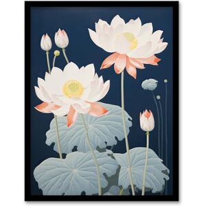 Artery8 Blooming Lotus Flowers Oil Painting Pastel Teal and Pink on Blue Detailed Aquatic Plant Artwork Framed Wall Art Print A4 Artery8 Blooming Lotus Flowers Oil Painting Pastel Teal and Pink on Blue Detailed Aquatic Plant Artwork Framed Wall Art Print A4