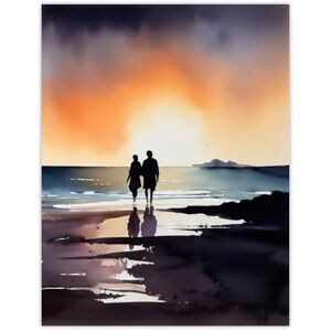 Artery8 Our Sunrise Stroll Watercolour Painting Orange Purple Blue Lovers Beach Walk At Coastal Landscape Bedroom Art Extra Large XL Wall Art Poster Print Artery8 Our Sunrise Stroll Watercolour Painting Orange Purple Blue Lovers Beach Walk At Coastal Landscape Bedroom Art Extra Large XL Wall Art Poster Print