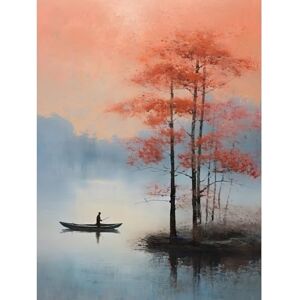 Artery8 Canoe Boat on Misty Lake Oil Painting Landscape Blue Pink Blossom Tree Early Morning Extra Large XL Wall Art Poster Print Artery8 Canoe Boat on Misty Lake Oil Painting Landscape Blue Pink Blossom Tree Early Morning Extra Large XL Wall Art Poster Print