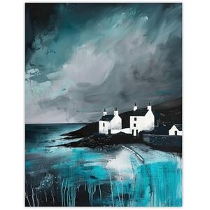 Artery8 Coastal Cottages Oil Painting Grey Sky Scotland Living Room Extra Large XL Wall Art Poster Print Artery8 Coastal Cottages Oil Painting Grey Sky Scotland Living Room Extra Large XL Wall Art Poster Print