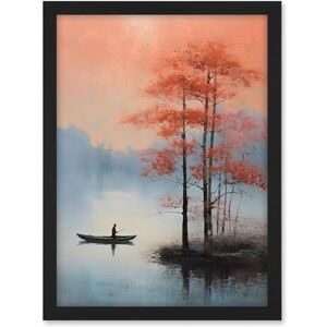 Artery8 Canoe Boat on Misty Lake Oil Painting Landscape Blue Pink Blossom Tree Early Morning Artwork Framed A3 Wall Art Print Artery8 Canoe Boat on Misty Lake Oil Painting Landscape Blue Pink Blossom Tree Early Morning Artwork Framed A3 Wall Art Print