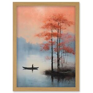 Artery8 Canoe Boat on Misty Lake Oil Painting Landscape Blue Pink Blossom Tree Early Morning Artwork Framed Wall Art Print A4 Artery8 Canoe Boat on Misty Lake Oil Painting Landscape Blue Pink Blossom Tree Early Morning Artwork Framed Wall Art Print A4