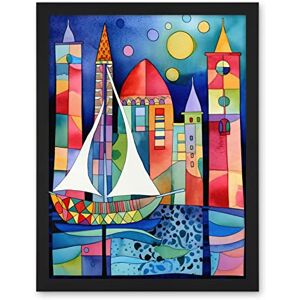 Artery8 Marina At Night Colourful Folk Art Watercolour Painting Artwork Framed Wall Art Print 18X24 Inch Artery8 Marina At Night Colourful Folk Art Watercolour Painting Artwork Framed Wall Art Print 18X24 Inch