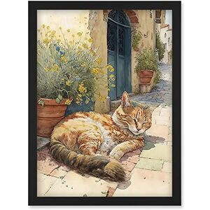 Artery8 Cat Sunbathing in Mediterranean Village Street Watercolour Illustration Artwork Framed Wall Art Print A4 Artery8 Cat Sunbathing in Mediterranean Village Street Watercolour Illustration Artwork Framed Wall Art Print A4
