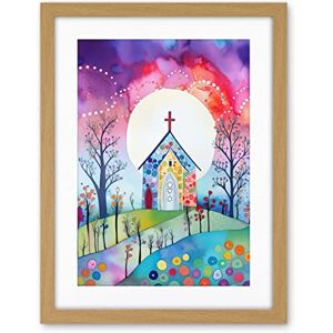 Artery8 Countryside Chapel In Full Moon Spring Night Folk Art Watercolour Painting Artwork Framed Wall Art Print 18X24 Inch Artery8 Countryside Chapel In Full Moon Spring Night Folk Art Watercolour Painting Artwork Framed Wall Art Print 18X24 Inch