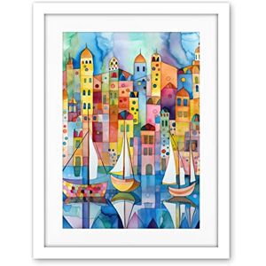 Artery8 Modern Marina Colourful Cityscape Pattern Folk Art Watercolour Painting Artwork Framed Wall Art Print 18X24 Inch Artery8 Modern Marina Colourful Cityscape Pattern Folk Art Watercolour Painting Artwork Framed Wall Art Print 18X24 Inch