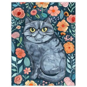 Artery8 Grumpy Blue Exotic Shorthair Cat Floral Portrait Living Room Extra Large XL Wall Art Poster Print Artery8 Grumpy Blue Exotic Shorthair Cat Floral Portrait Living Room Extra Large XL Wall Art Poster Print