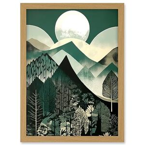 Artery8 Full Moon Over Mountain Forest Linocut Mid Century Sage Green Moonlit Landscape Artwork Framed A3 Wall Art Print Artery8 Full Moon Over Mountain Forest Linocut Mid Century Sage Green Moonlit Landscape Artwork Framed A3 Wall Art Print
