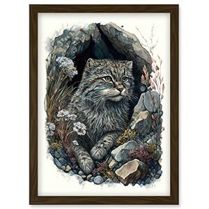 Artery8 - Wild Cat in Rock Cavity with Wildflowers - A4 - Brown - Framed Wall Art Print Artery8 - Wild Cat in Rock Cavity with Wildflowers - A4 - Brown - Framed Wall Art Print