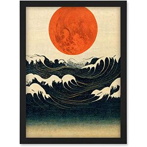 Doppelganger33 LTD Minimalist Large Orange Moon Over Ocean Waves Ukiyo-e Style Artwork Framed Wall Art Print A4 Doppelganger33 LTD Minimalist Large Orange Moon Over Ocean Waves Ukiyo-e Style Artwork Framed Wall Art Print A4