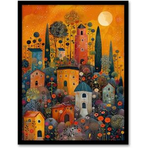 Artery8 Flower Hill Village Sunset Folk Art For Living Room Artwork Framed Wall Art Print 18X24 Inch Artery8 Flower Hill Village Sunset Folk Art For Living Room Artwork Framed Wall Art Print 18X24 Inch
