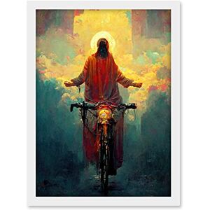 Doppelganger33 LTD Jesus Christ On A Bike With A Bright Cloud Cross Artwork Framed A3 Wall Art Print Doppelganger33 LTD Jesus Christ On A Bike With A Bright Cloud Cross Artwork Framed A3 Wall Art Print