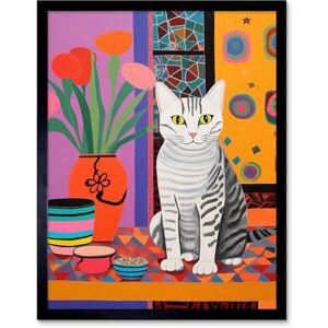 Artery8 The Stripey Cat Sits Artwork Potted Flower Plant Henri Matisse Style Painting Home Bold Bright Vibrant Folk Art Print Framed Poster Wall Decor 12x16 inch Artery8 The Stripey Cat Sits Artwork Potted Flower Plant Henri Matisse Style Painting Home Bold Bright Vibrant Folk Art Print Framed Poster Wall Decor 12x16 inch
