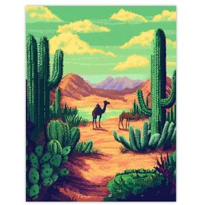 Artery8 Camels in Desert Cacti Oasis Pixel Art Landscape Living Room Extra Large XL Wall Art Poster Print Artery8 Camels in Desert Cacti Oasis Pixel Art Landscape Living Room Extra Large XL Wall Art Poster Print