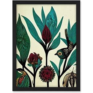 Wee Blue Coo Abstract Folk Art Leaves Flowers Birds Vintage Style Green Burgundy Cream Black Artwork Framed A3 Wall Art Print Wee Blue Coo Abstract Folk Art Leaves Flowers Birds Vintage Style Green Burgundy Cream Black Artwork Framed A3 Wall Art Print