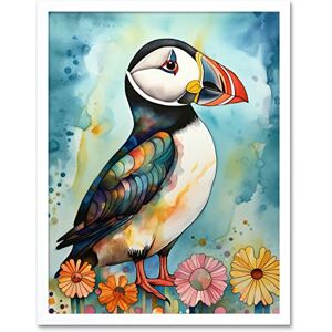 Artery8 Puffin Bird With Flowers Folk Art Art Print Framed Poster Wall Decor 12x16 inch Artery8 Puffin Bird With Flowers Folk Art Art Print Framed Poster Wall Decor 12x16 inch