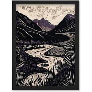 Artery8 Mountain River Landscape Purple and Black Linocut Artwork Framed Wall Art Print A4 Artery8 Mountain River Landscape Purple and Black Linocut Artwork Framed Wall Art Print A4