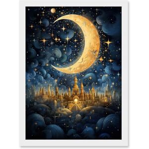 Artery8 Golden City in the Clouds Surreal Artwork Blue Gold Crescent Moon Starry Night Fairytale Artwork Framed A3 Wall Art Print Artery8 Golden City in the Clouds Surreal Artwork Blue Gold Crescent Moon Starry Night Fairytale Artwork Framed A3 Wall Art Print
