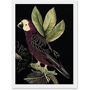 Wee Blue Coo Burgundy Parrot Leaves Tree Branch on Black Vintage Linocut Illustration Artwork Framed Wall Art Print A4 Wee Blue Coo Burgundy Parrot Leaves Tree Branch on Black Vintage Linocut Illustration Artwork Framed Wall Art Print A4
