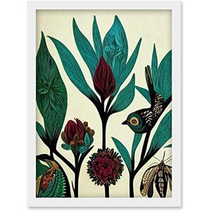 Wee Blue Coo Abstract Folk Art Leaves Flowers Birds Vintage Style Green Burgundy Cream Black Artwork Framed Wall Art Print A4 Wee Blue Coo Abstract Folk Art Leaves Flowers Birds Vintage Style Green Burgundy Cream Black Artwork Framed Wall Art Print A4