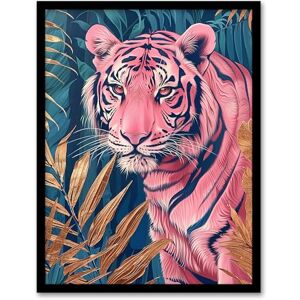 Artery8 Majestic Pink Tiger in Blue Gold Tropical Jungle Living Room Artwork Framed Wall Art Print A4 Artery8 Majestic Pink Tiger in Blue Gold Tropical Jungle Living Room Artwork Framed Wall Art Print A4