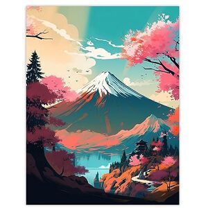 Artery8 Mount Fuji View Through Cherry Blossom Trees Vibrant Painting Pink Orange Blue Path to Japanese Temple on Tranquil Lake Landscape Extra Large XL Wall Art Poster Print Artery8 Mount Fuji View Through Cherry Blossom Trees Vibrant Painting Pink Orange Blue Path to Japanese Temple on Tranquil Lake Landscape Extra Large XL Wall Art Poster Print