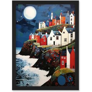 Artery8 Seaside Village Houses on Cliff Folk Art Oil Painting Bathroom Artwork Full Moon Night Waves Coastal Landscape Artwork Framed Wall Art Print A4 Artery8 Seaside Village Houses on Cliff Folk Art Oil Painting Bathroom Artwork Full Moon Night Waves Coastal Landscape Artwork Framed Wall Art Print A4