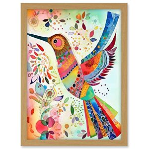 Artery8 Hummingbird With Multicolour Pattern Feathers Folk Art Watercolour Painting Artwork Framed A3 Wall Art Print Artery8 Hummingbird With Multicolour Pattern Feathers Folk Art Watercolour Painting Artwork Framed A3 Wall Art Print