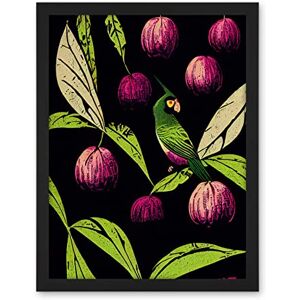 Wee Blue Coo Parrot in Tree Fruit Bright Green and Purple Black Colour Linocut Illustration Modern Vintage Artwork Framed Wall Art Print 18X24 Inch Wee Blue Coo Parrot in Tree Fruit Bright Green and Purple Black Colour Linocut Illustration Modern Vintage Artwork Framed Wall Art Print 18X24 Inch
