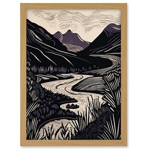 Artery8 Mountain River Landscape Purple and Black Linocut Artwork Framed A3 Wall Art Print Artery8 Mountain River Landscape Purple and Black Linocut Artwork Framed A3 Wall Art Print