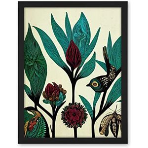Wee Blue Coo Abstract Folk Art Leaves Flowers Birds Vintage Style Green Burgundy Cream Black Artwork Framed Wall Art Print 18X24 Inch Wee Blue Coo Abstract Folk Art Leaves Flowers Birds Vintage Style Green Burgundy Cream Black Artwork Framed Wall Art Print 18X24 Inch