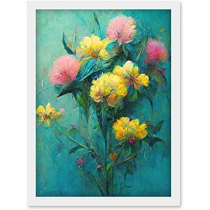 Doppelganger33 LTD Pink And Yellow Flower Bouquet In Teal Oil Painting Artwork Framed Wall Art Print A4 Doppelganger33 LTD Pink And Yellow Flower Bouquet In Teal Oil Painting Artwork Framed Wall Art Print A4