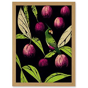 Wee Blue Coo Parrot in Tree Fruit Bright Green and Purple Black Colour Linocut Illustration Modern Vintage Artwork Framed Wall Art Print A4 Wee Blue Coo Parrot in Tree Fruit Bright Green and Purple Black Colour Linocut Illustration Modern Vintage Artwork Framed Wall Art Print A4