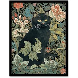 Artery8 Black Cat In Flower Garden Blooms Teal Green Pink Art Nouveau Style Floral Painting Artwork Framed Wall Art Print 18X24 Inch Artery8 Black Cat In Flower Garden Blooms Teal Green Pink Art Nouveau Style Floral Painting Artwork Framed Wall Art Print 18X24 Inch