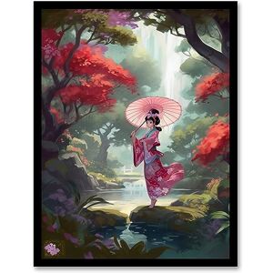 Artery8 Geisha Dancing with Umbrella By Cherry Blossom Trees Painting Traditional Pink Floral Kimono Dance in Tranquil Japanese Forest River Landscape Artwork Framed Wall Art Print 18X24 Inch Artery8 Geisha Dancing with Umbrella By Cherry Blossom Trees Painting Traditional Pink Floral Kimono Dance in Tranquil Japanese Forest River Landscape Artwork Framed Wall Art Print 18X24 Inch