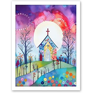 Artery8 Countryside Chapel In Full Moon Spring Night Folk Art Watercolour Painting Artwork Framed Wall Art Print 18X24 Inch Artery8 Countryside Chapel In Full Moon Spring Night Folk Art Watercolour Painting Artwork Framed Wall Art Print 18X24 Inch