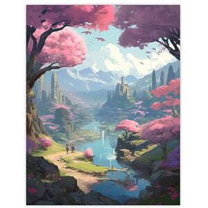 Artery8 Cherry Blossoms by River Bright Painting Springtime Blooming Pink Trees in Coastal Fishing Village Landscape Extra Large XL Wall Art Poster Print Artery8 Cherry Blossoms by River Bright Painting Springtime Blooming Pink Trees in Coastal Fishing Village Landscape Extra Large XL Wall Art Poster Print