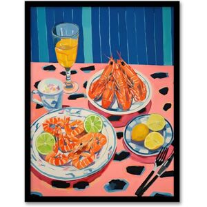 Wee Blue Coo Party Shrimp Oil Painting Yellow Pink Blue Dinner Served on Leopard Print Table Artwork Framed Wall Art Print A4 Wee Blue Coo Party Shrimp Oil Painting Yellow Pink Blue Dinner Served on Leopard Print Table Artwork Framed Wall Art Print A4