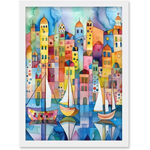 Artery8 Modern Marina Colourful Cityscape Pattern Folk Art Watercolour Painting Artwork Framed Wall Art Print A4 Artery8 Modern Marina Colourful Cityscape Pattern Folk Art Watercolour Painting Artwork Framed Wall Art Print A4