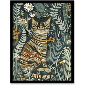 Artery8 Striped Cat in Floral Botanical Garden Folk Art Living Room Artwork Framed Wall Art Print A4 Artery8 Striped Cat in Floral Botanical Garden Folk Art Living Room Artwork Framed Wall Art Print A4