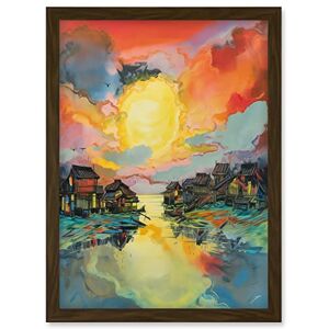 Artery8 Atmospheric Clouds Over Mono Lake Fishing Village at Dawn Modern Watercolour Painting Artwork Framed Wall Art Print A4 Artery8 Atmospheric Clouds Over Mono Lake Fishing Village at Dawn Modern Watercolour Painting Artwork Framed Wall Art Print A4