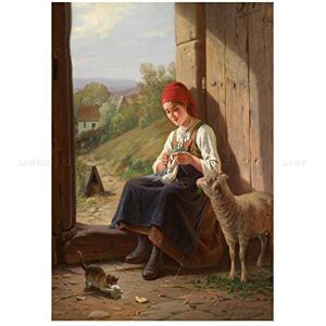 Wee Blue Coo Painting Interior Study Sondermann Girl Knitting Kitten Wall Art Print Wee Blue Coo Painting Interior Study Sondermann Girl Knitting Kitten Wall Art Print